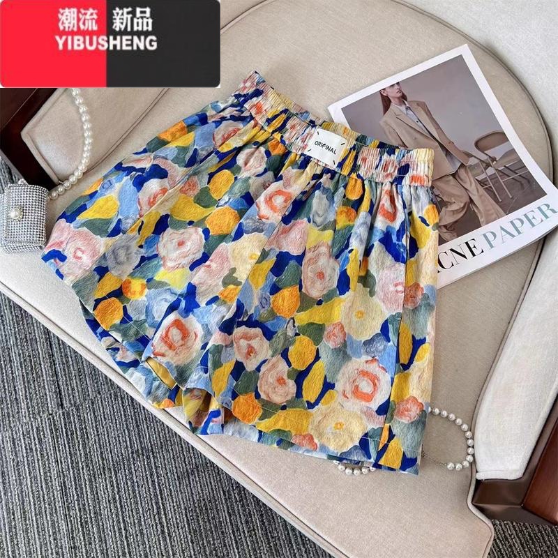 YIBUSHENG油画碎花阔腿裤女季松紧腰宽松a字短裤小个子显瘦休闲热裤薄薄高清大图