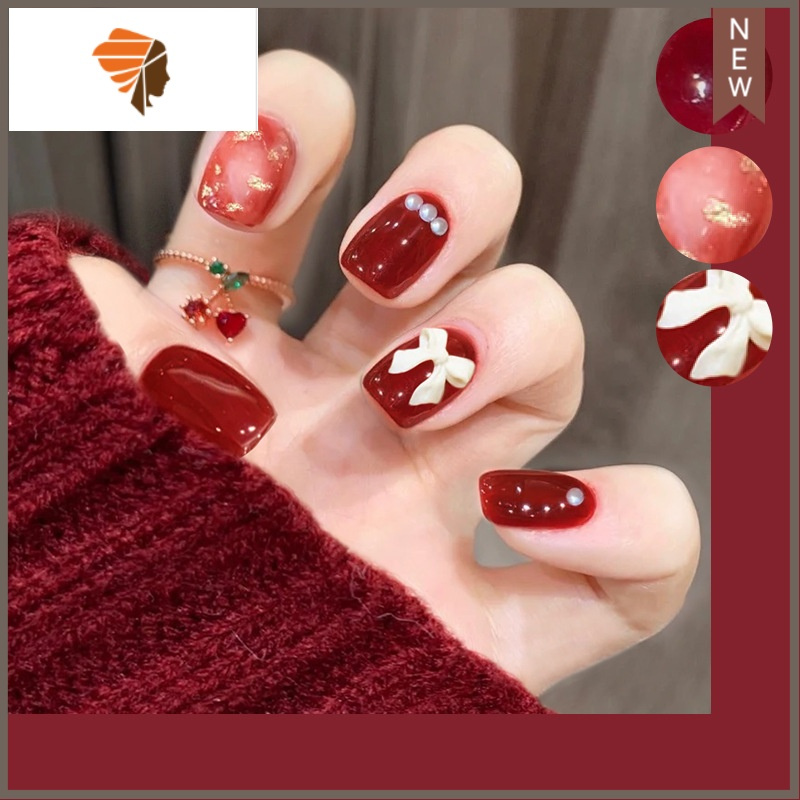 假成品网红铂金蝴蝶结显白孕妇穿戴新娘甲穿戴甲美甲贴片三维工匠红色