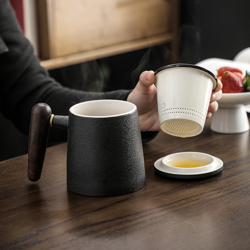 泡茶杯 陶瓷 大容量马克杯办公茶杯创意便携茶水分离过滤随手杯 凤栖梧三件套高清大图