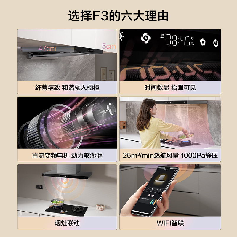 方太(FOTILE)纤薄F3抽吸油烟机灶具套装 欧式顶吸超薄排烟机燃气灶套餐25巡航风量变频烟灶联动套装F3+THF1A