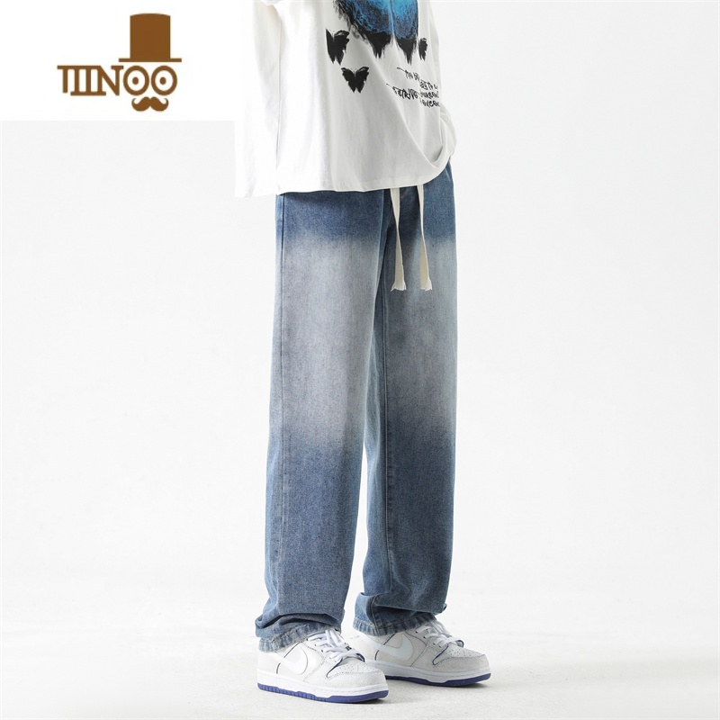 YANXU黑灰色美式高街复古渐变牛仔裤男士潮牌夏款直筒阔腿长裤子高清大图