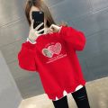 假两件秋冬款上衣时尚不规则宽松显瘦ins加绒/不加绒百搭女士卫衣 M建议100斤内 薄款-透明爱心【大红色】