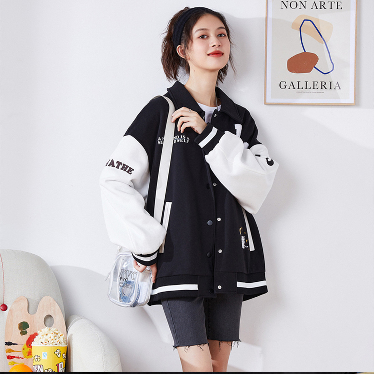 [1折价69.9元叠加优惠券]唐狮春秋外套女韩版宽松上衣别致小众ins拼色棒球服潮