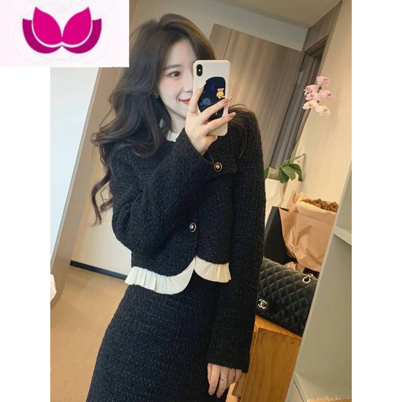 七斓女装高级感冷淡小香风黑色连衣裙子韩系套装冬装搭配一整套高清大图