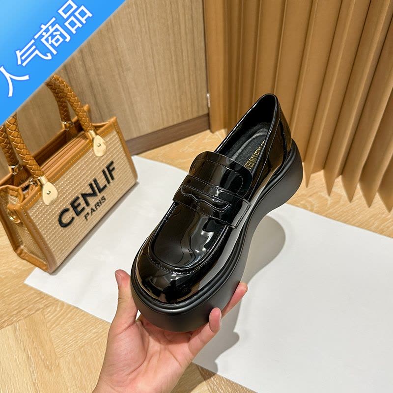 SUNTEK内增高乐福鞋女2023春秋新款复古黑色英伦风小皮鞋厚底小个子单鞋图片