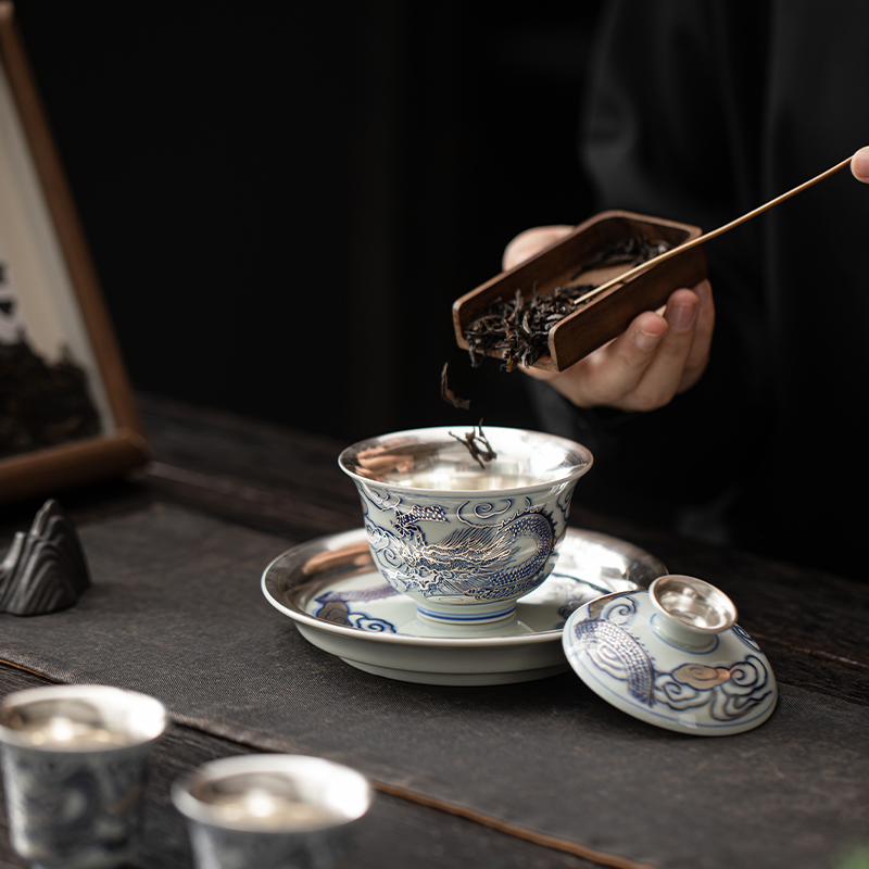 苏氏陶瓷(SUSHI CERAMICS)鎏银龙腾四海三才盖碗套装非遗大师郑文强作品功夫茶具礼盒高清大图