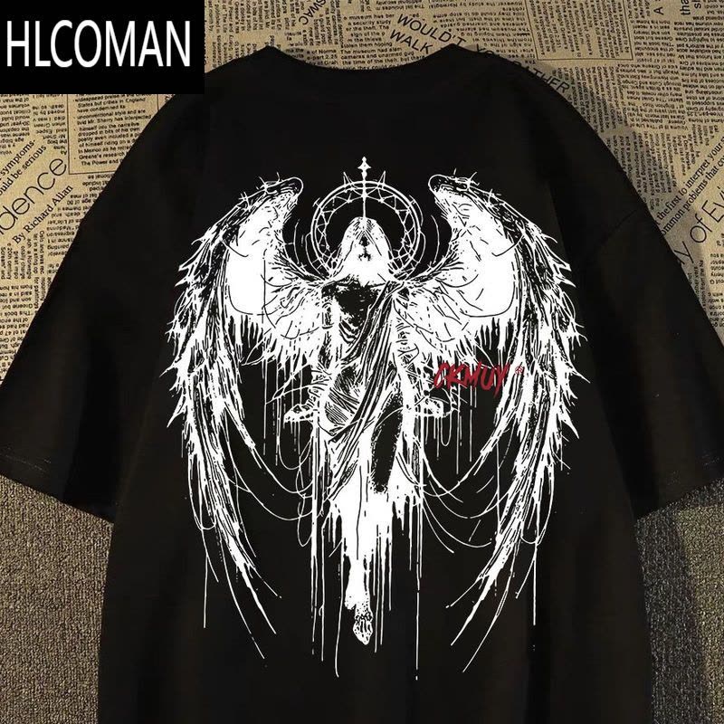 HLCOMAN短袖t恤男女同款夏季宽松港风翅膀天使半袖百搭男装K图片