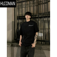 HLCOMAN美式花灰色短袖T恤男高街痞帅潮牌小领口设计感落肩半袖