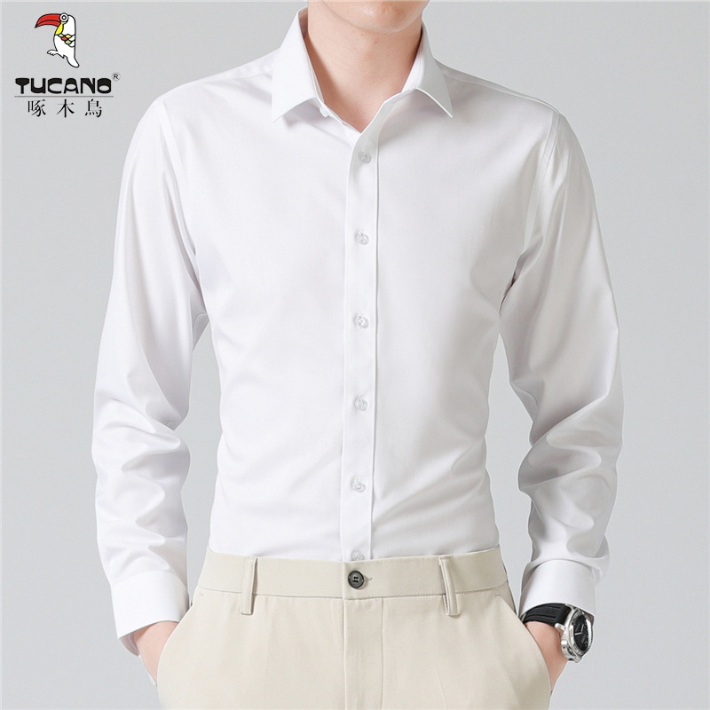 啄木鸟纯色长袖衬衫男春夏季薄款潮流修身大码上班职业装商务正装高清大图