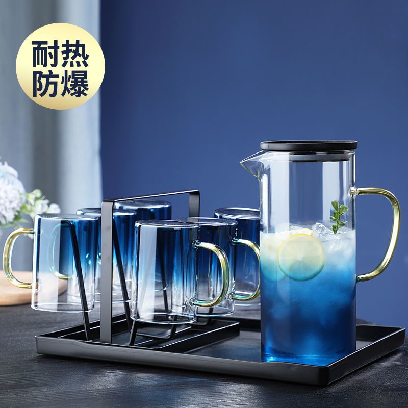 玻璃冷水壶轻奢耐高温玻璃水壶家用凉杯大容量凉水壶水杯套装