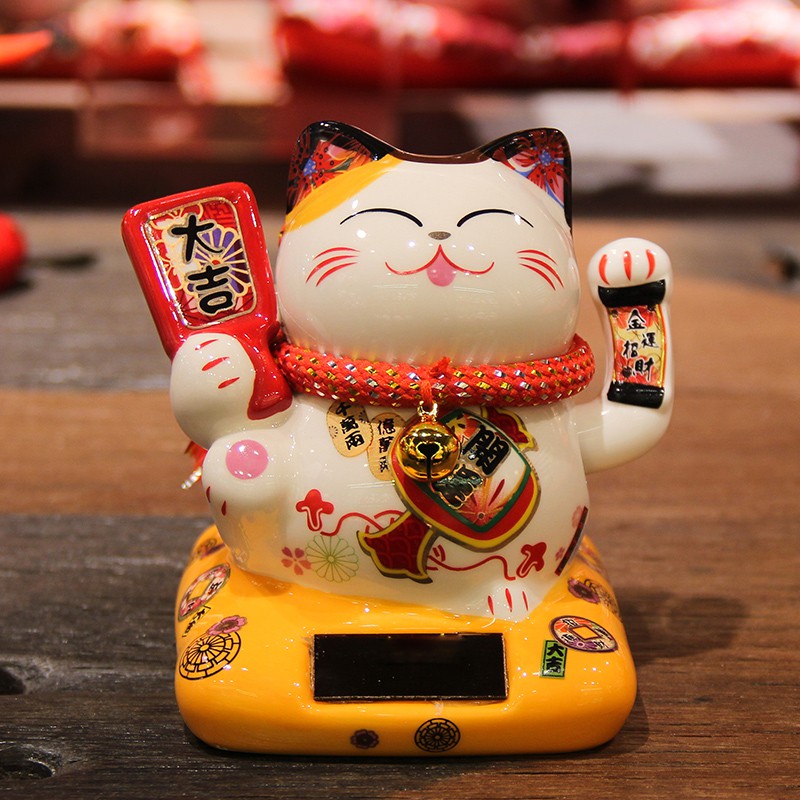 猫小摆件自动招手办公室陶瓷摇手太阳能创意车载汽车迷你饰品 三维工匠 樱花肥猫（塑料）_530
