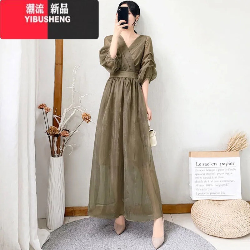 YIBUSHENG复古纯色v领连衣裙2024新款女装修身显瘦气质仙网纱过膝长裙 绿色优质双层面料 M