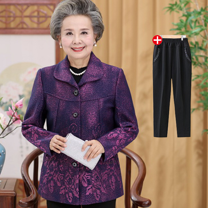 迪鲁奥(DILUAO)老太太外套女60-70岁80秋季奶奶装秋冬装加厚翻领上衣老人衣服装