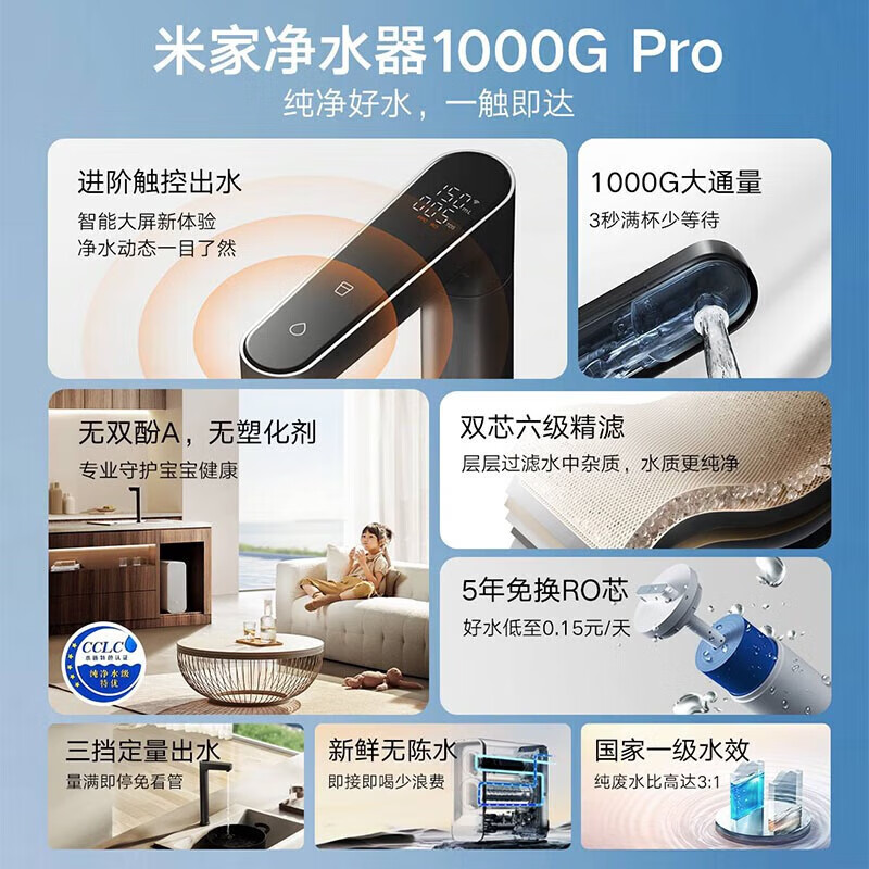 米家小米净水器1000GPro 三档定量出水新鲜无陈水双芯6级过滤新鲜无陈水一级水效标准MR1082-A高清大图