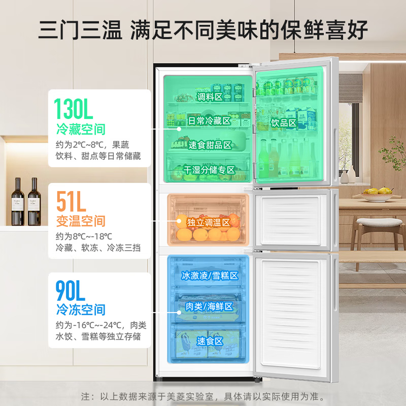 美菱(MELNG)271升冰箱三门三开门家用双变频一级能效风冷无霜宿舍租房超薄小冰箱占地小BCD-271WP3CX