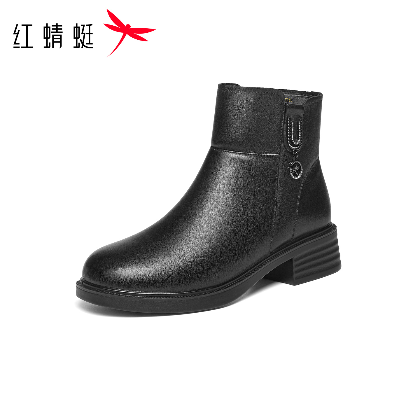 红蜻蜓女靴冬季新款时尚短靴粗跟保暖加绒棉靴棉靴真皮保暖棉鞋 黑色 37码
