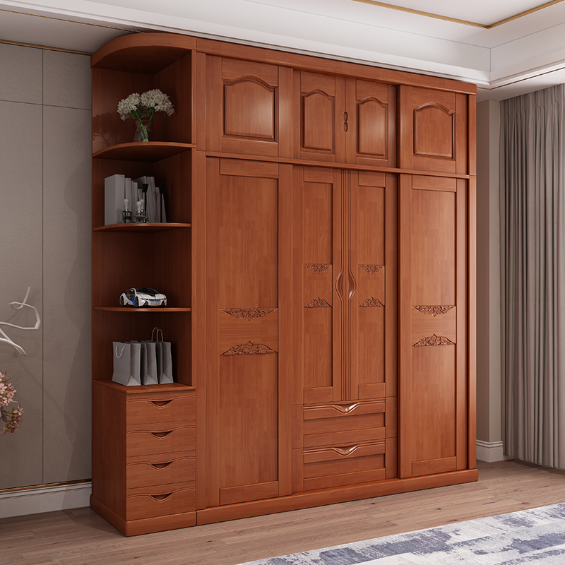 放心购中式橡胶木实木衣柜四加顶柜推拉加边柜经济型实木储物家具