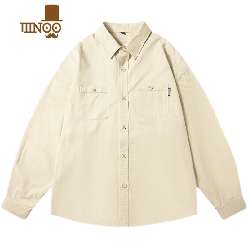 YANXUE禾子秋装男士长袖衬衫日系少年感纯色百搭休闲百搭衬衣潮高清大图