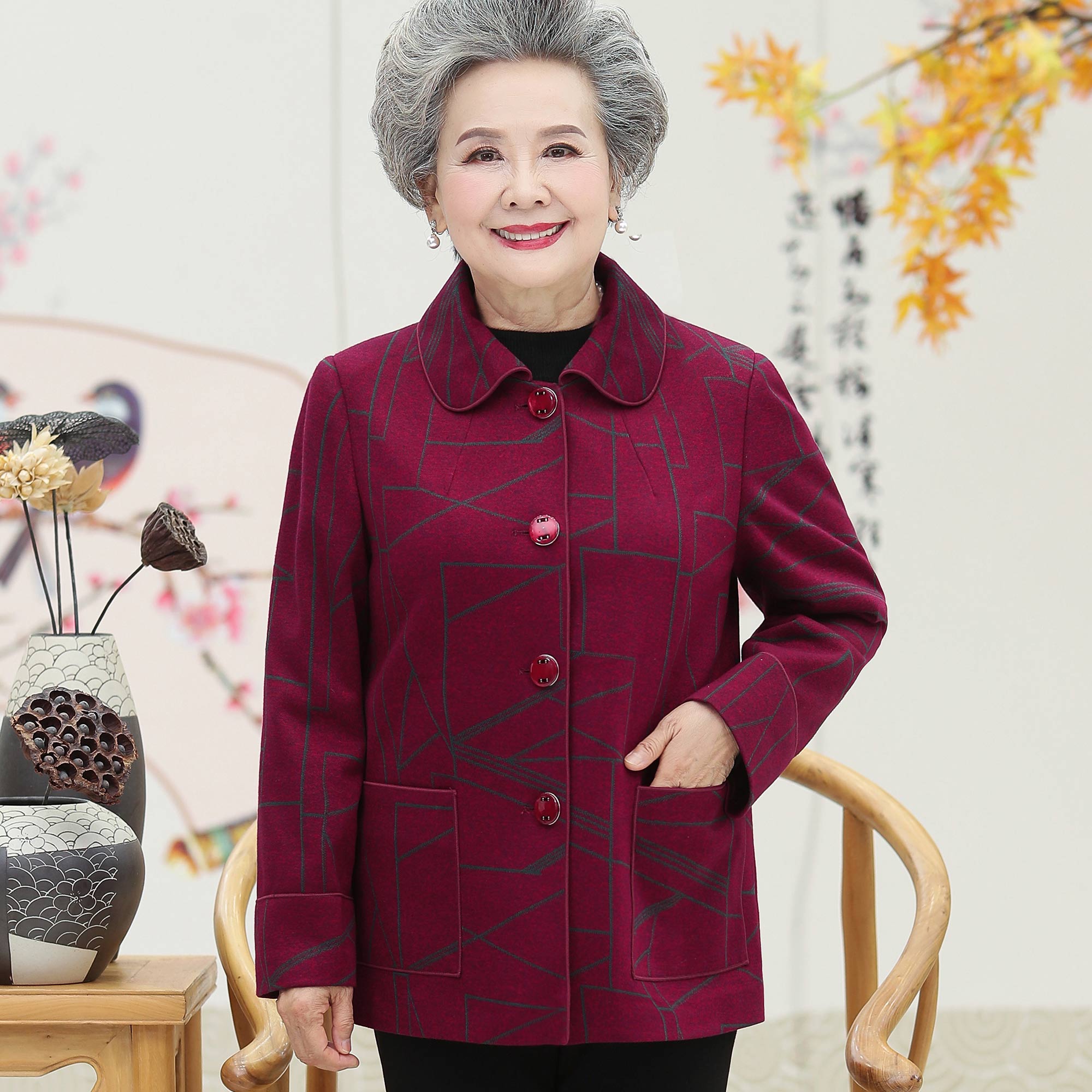 语娄老年人外套女奶奶装秋装上衣60-70岁老太太毛呢妈妈唐装老人衣服