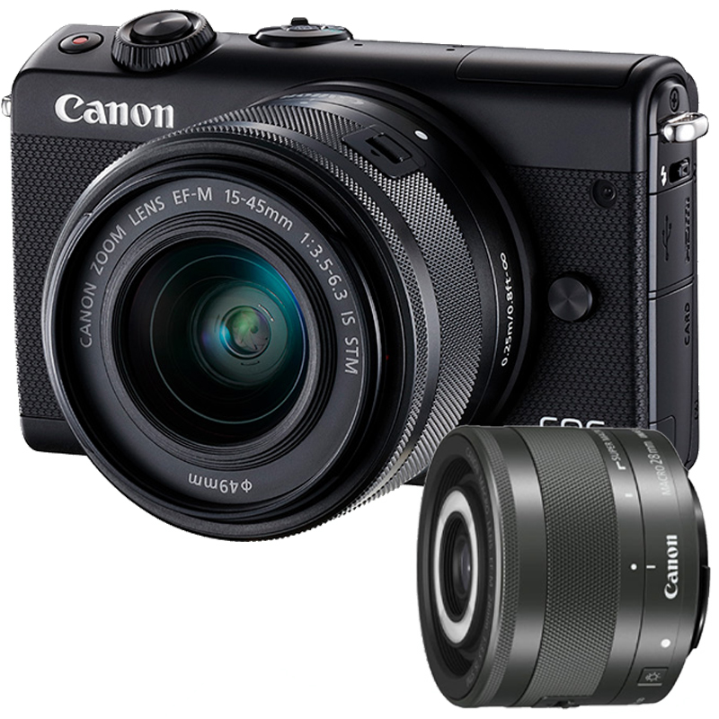 佳能(Canon) EOS M100黑 (15-45mm+28mm )数码微单相机 双镜头套装 约2420万像素