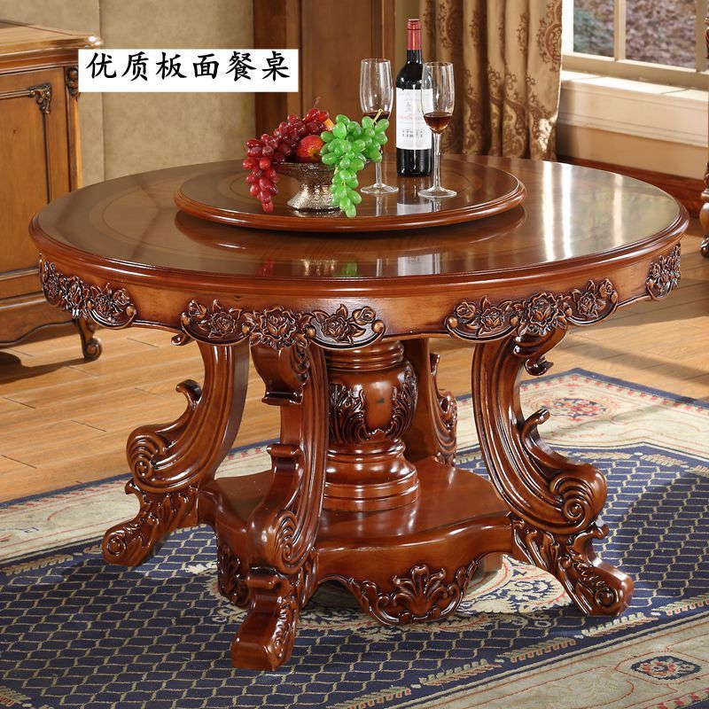 宫寓家具 欧式实木餐桌 美式实木圆桌 高档别墅双层大理石圆形餐桌