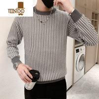 YANXU2023新款圆领加厚套头针织衫男百搭格子毛衣修身打底长袖潮