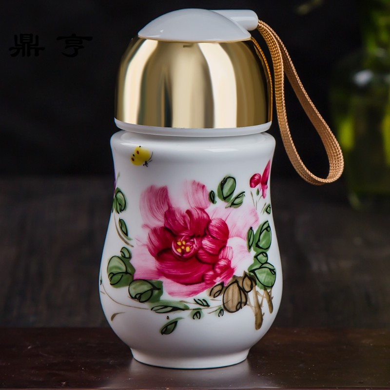 鼎亨景德镇便携陶瓷杯青花瓷随手杯大肚奶杯礼品茶杯子创意女养生