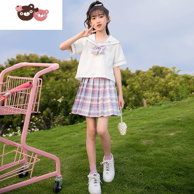 绿彩虹光女童连衣裙夏装洋气儿童水手服公主裙子夏季jk制服套装学院风