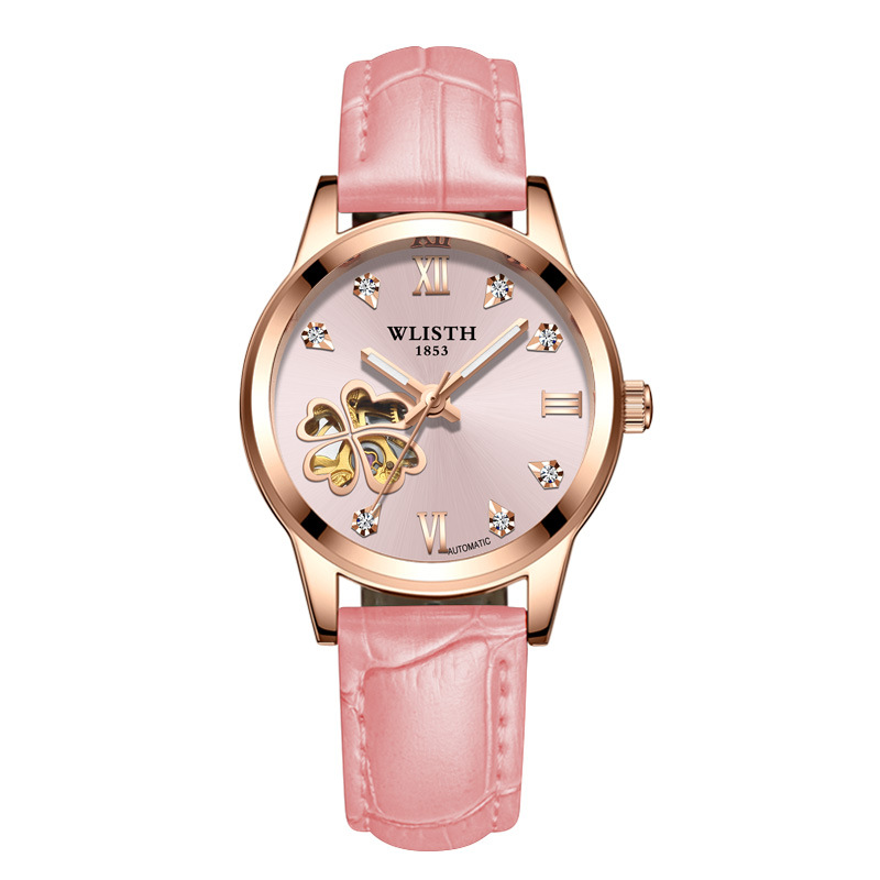 沃力仕韩版女士手表镂空全自动机械表 夜光防水时尚手表女表节日选择 粉面粉带5#