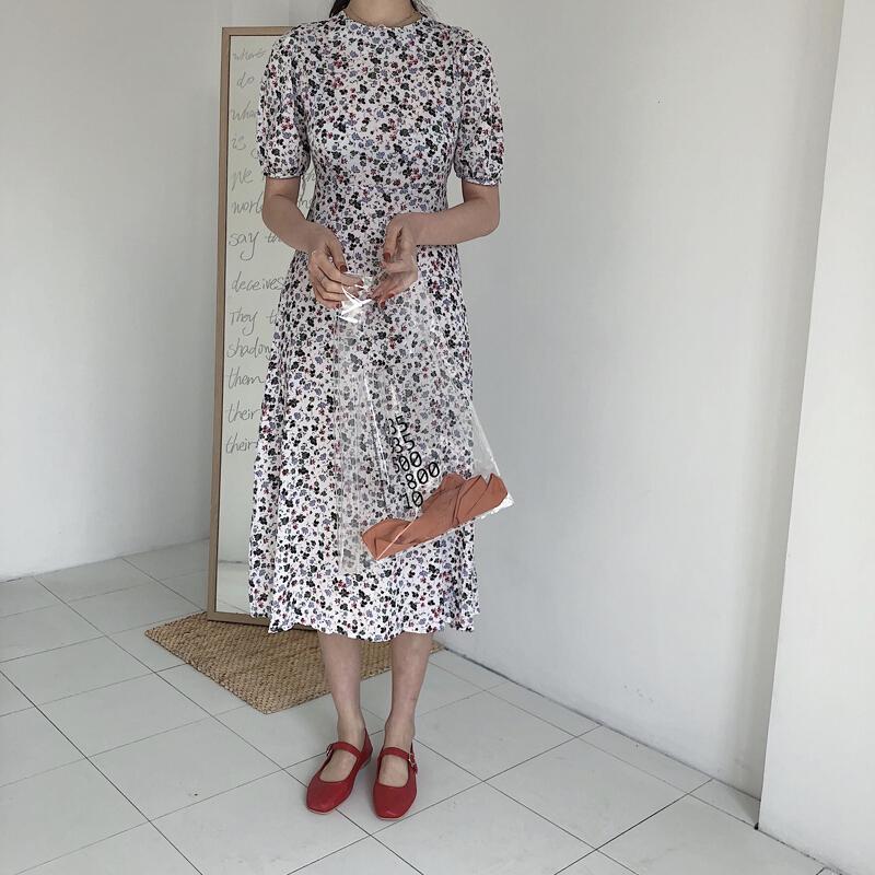 夏季韩国温柔风复古碎花印花中长款绑带收腰短袖连衣裙女米白色均码