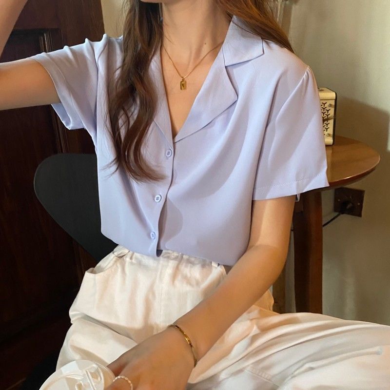 2021新款夏季百搭ins西装领宽松学院风淡绿色短袖衬衫外穿上衣女