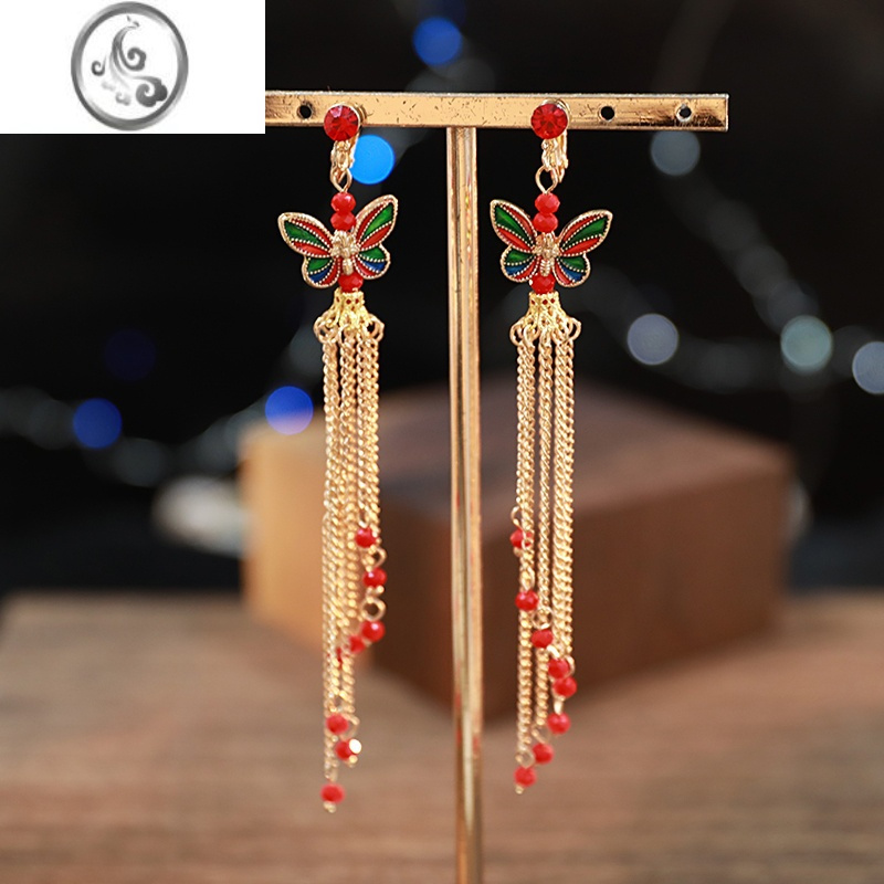 jimi新娘耳环中式古典古风耳夹古装耳钉结婚礼秀禾汉服大气流苏配件