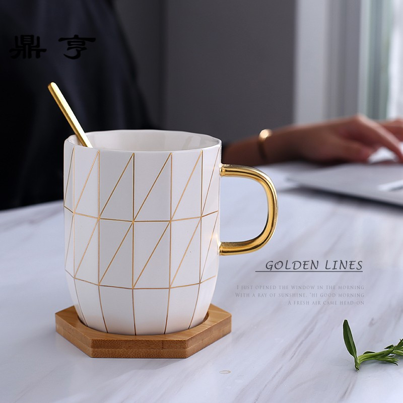 鼎亨ins简约杯子陶瓷带盖勺成人办公室创意牛奶咖啡杯马克杯家用