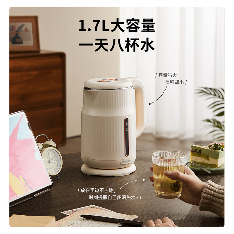 HYUNDAI 电热水壶 电水壶热水壶电热水壶304不锈钢 暖水壶烧水壶 DC-1701B米白色 1.7L高清大图