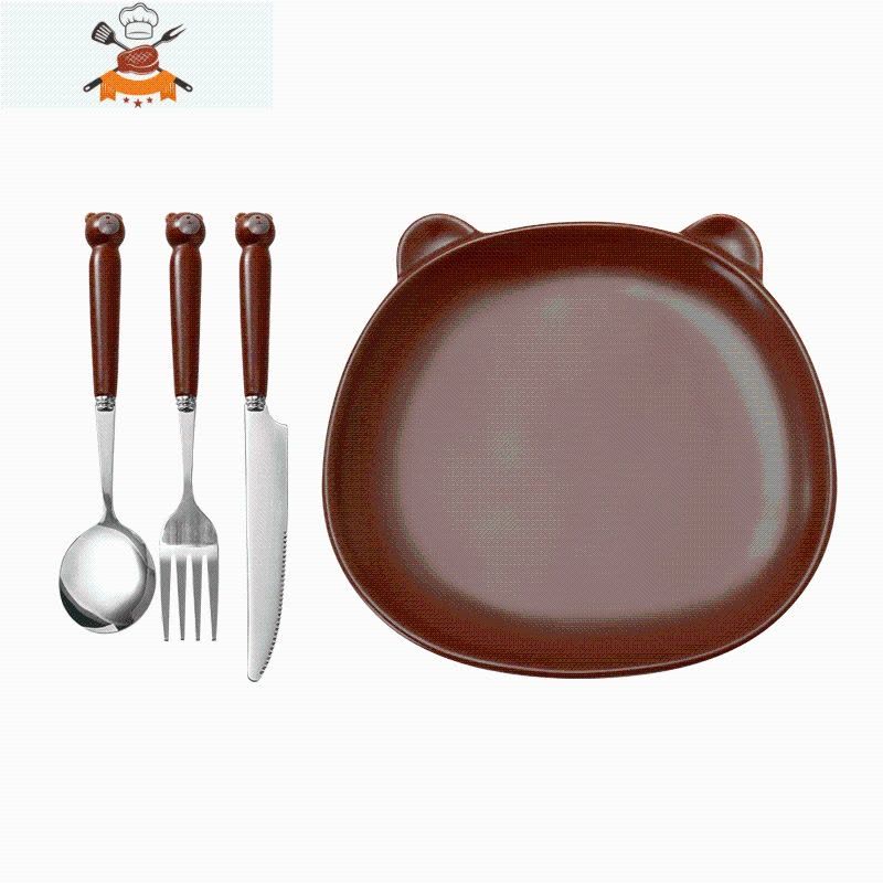 刀叉勺三件套家用可爱牛排刀叉盘子套装西餐餐具网红儿童叉子勺子 刀叉勺+盘(小熊)[拍下送收纳盒] 敬平图片