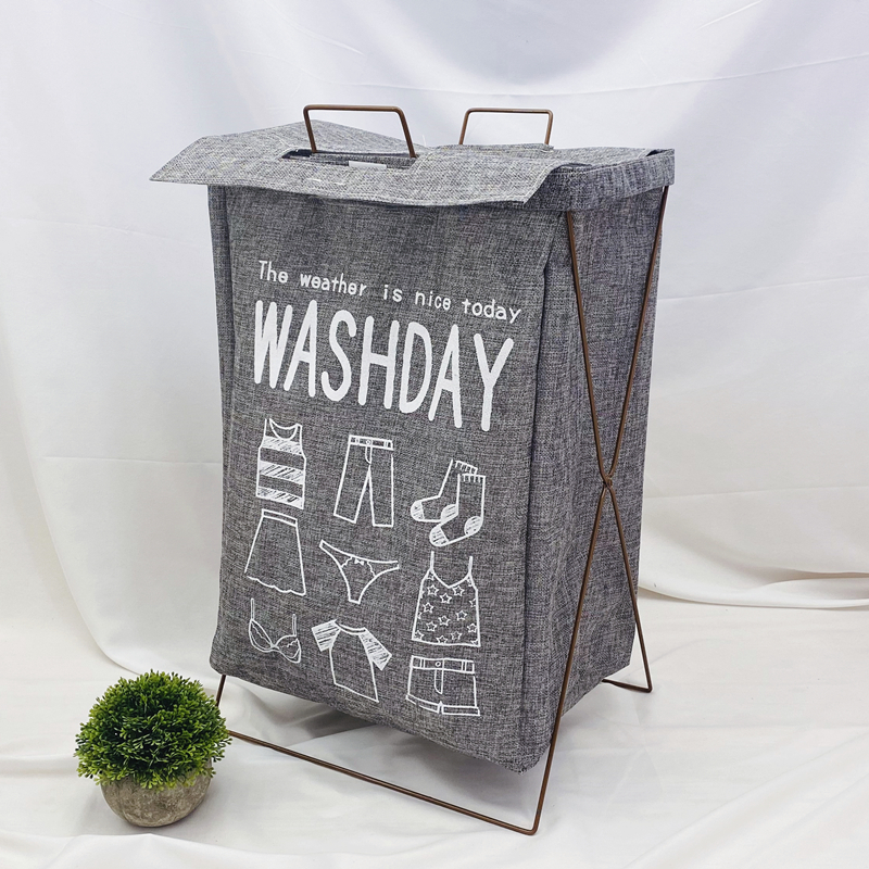 可折叠收纳筐手提脏衣篮支架 防水超大号脏衣篮脏衣篓玩具储物箱 带盖仿麻灰衣服图铁架