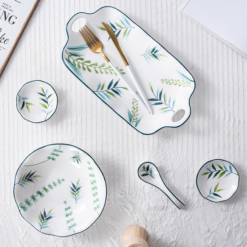 凌天 景德镇北欧绿荫小清新陶瓷四人食餐具家用套装餐盘菜盘汤盘泡面碗马克杯碗盘套装高清大图