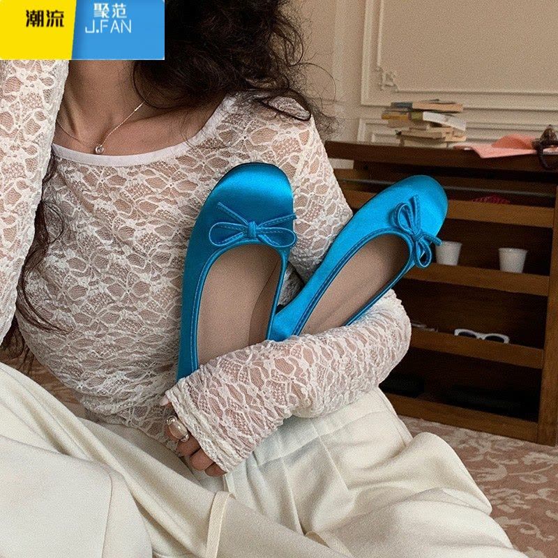 聚范EMEAN圆头芭蕾舞单鞋女2024新款缎面舒适平底一脚蹬奶奶鞋子图片