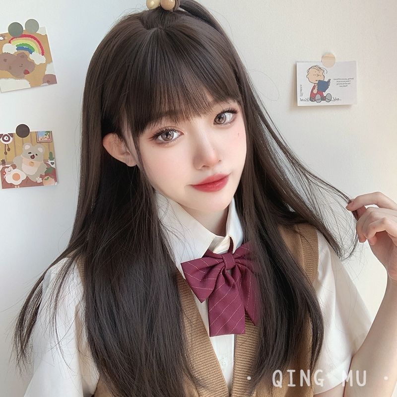 假发女长发jk日常黑长直全头套式 lolita假发中长发圆脸可爱 模特款[黑茶色]送五件套