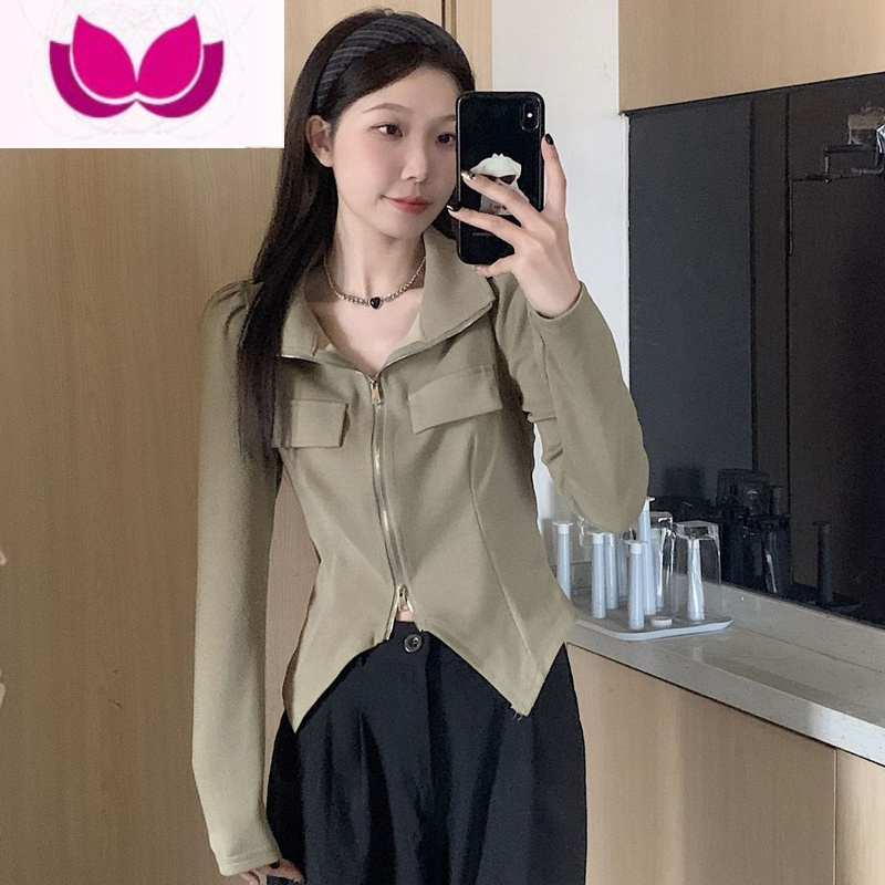 七斓大码长袖t恤女春季设计感小众胖MM短款不规则打底衫内搭别致上衣