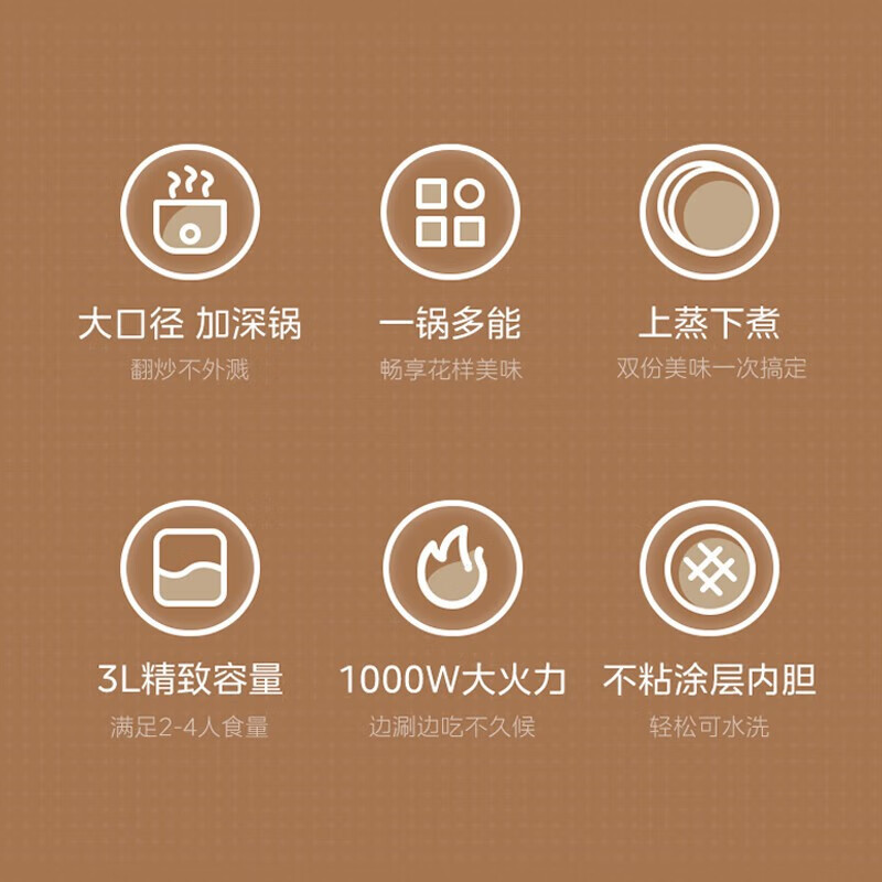 美的电煮锅电火锅电炒锅电蒸锅家用多功能锅宿舍小火锅小电锅3L小容量电热一体锅电炖锅泡面锅 [带蒸笼]MC-HGE2511