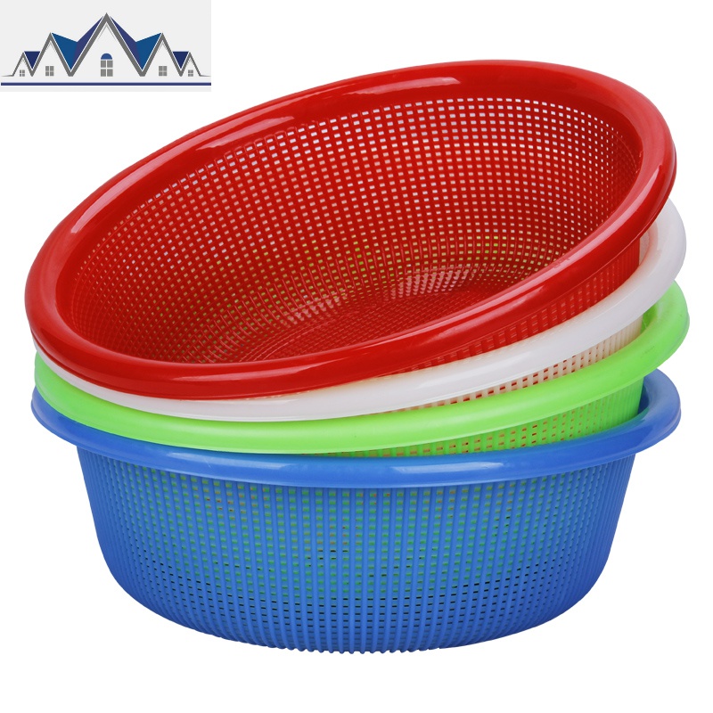 塑料筐圆形大号菜蓝子筐大孔收纳框镂空漏筐家用蔬菜沥水筛子加厚 三维工匠收纳篮 C-1红色【直径41.5*高13】