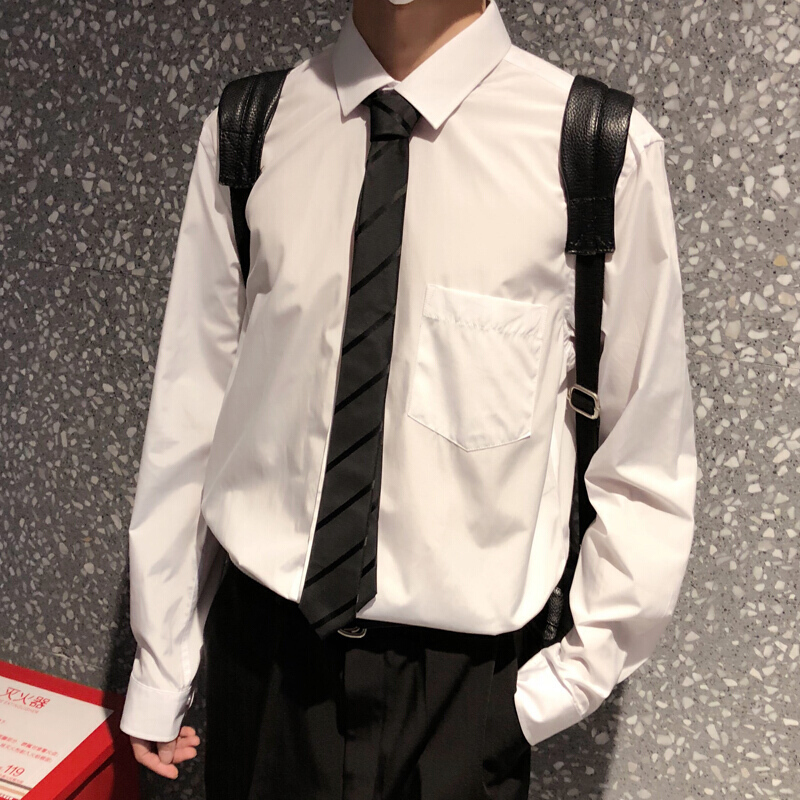 梵克公牛长袖衬衫男2021新款韩版流宽松休闲青少年白衬衣纯色上衣外套薄 白色