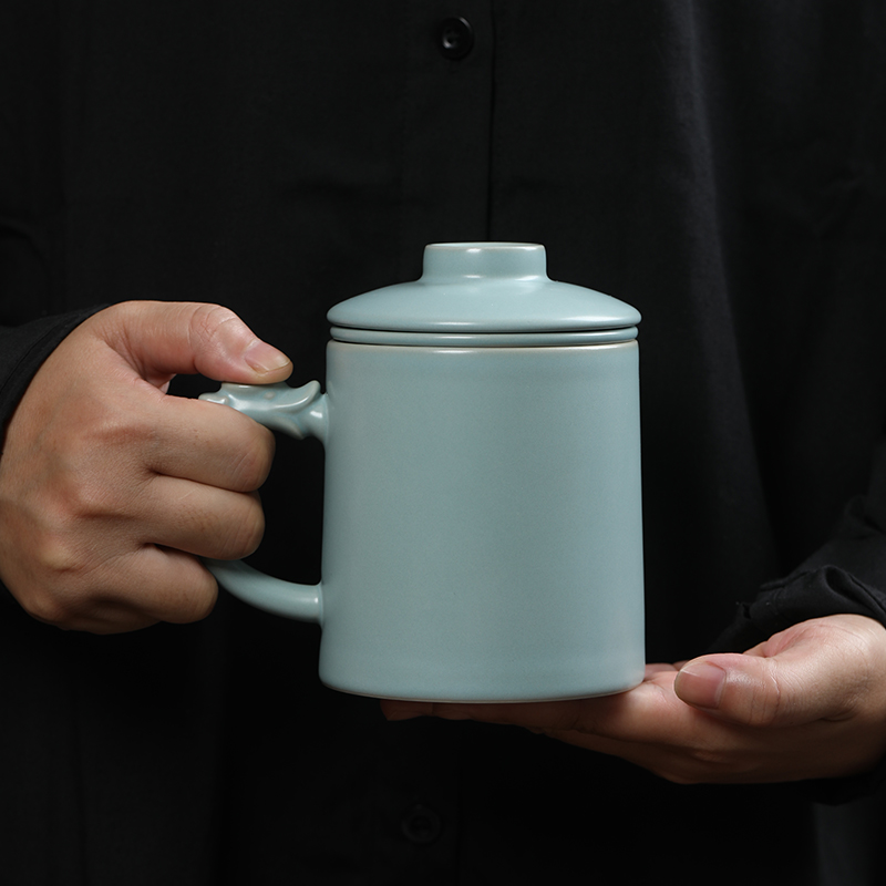 MULTIPOTENT办公杯汝窑开片陶瓷盖杯商务会议泡茶杯汝窑玉脂青君子杯伴手礼盒高清大图