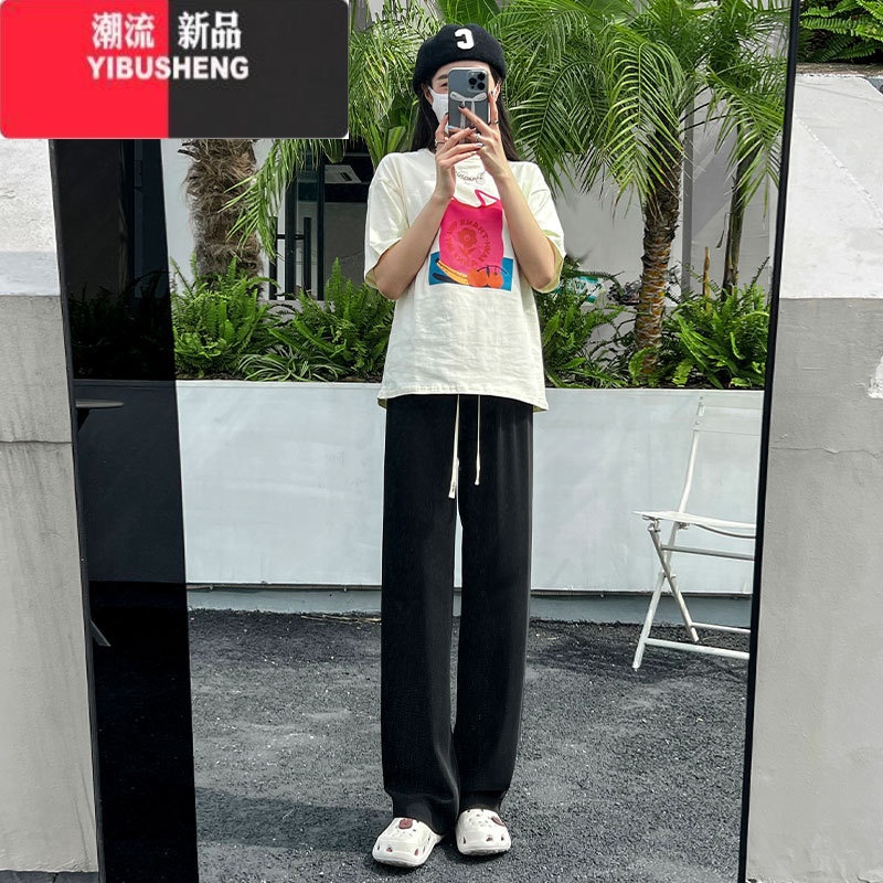 YIBUSHENG粉色阔腿裤女春秋2024新款高腰垂感直筒小个子季窄版西装休闲裤高清大图