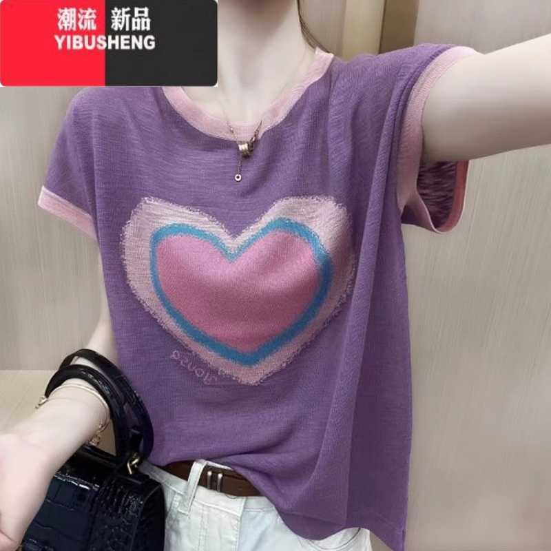 YIBUSHENG薄款针织衫新款竹节麻短袖上衣女爱心宽松减龄圆领亚麻拼色T恤