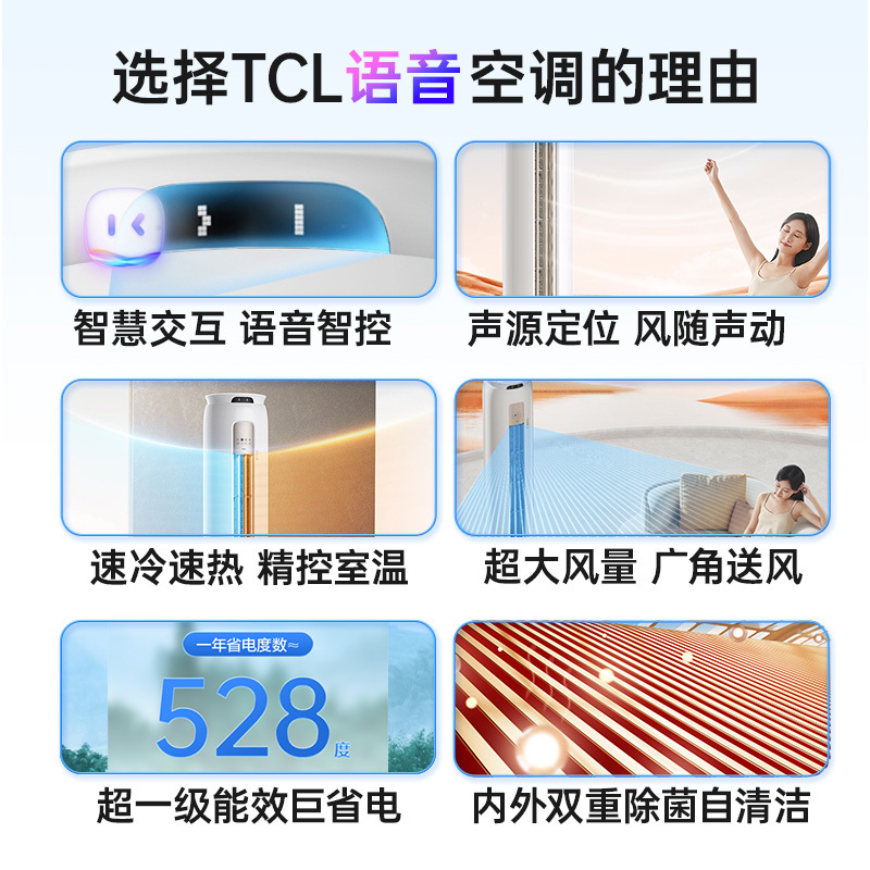 TCL 3匹小金聆语音空调柜机 130°广角柔风 新一级能效KFR-72LW/RT7Ga+B1变频冷暖 以旧换新