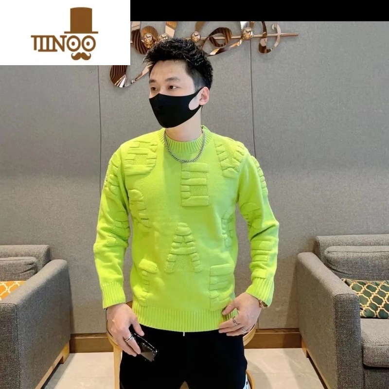 YANXU2023新款男士打底立体字母提花重工圆领薄款长袖针织衫毛衣高清大图