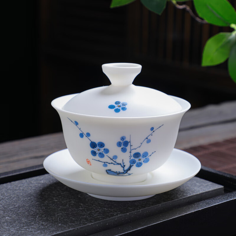 拓牌 11头素烧手绘羊脂玉瓷-五福梅花 轻奢茶具套装茶壶/茶杯整套茶具+彩盒包装 jh高清大图