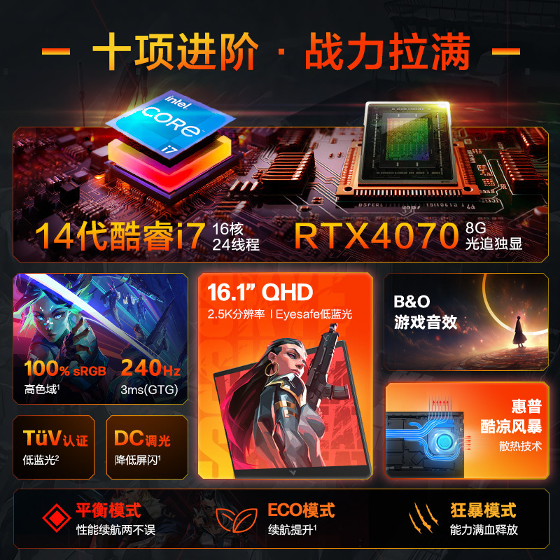 惠普(HP)光影精灵10 16-r1133TX 16.1英寸高性能定制游戏本笔记本电脑(i7-14650HX 32G内存 2TB固态 RTX4070独显 2.5K 240HZ)黑